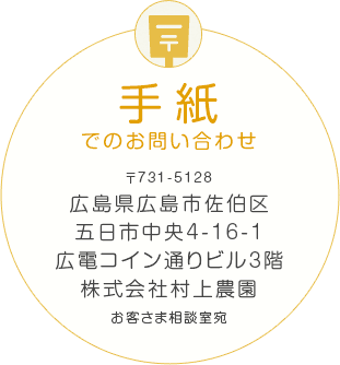 手紙でのお問い合わせ 〒283-0825 千葉県東金市滝490番地 株式会社村上農園 お客さま相談室宛