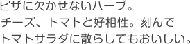 ピザに欠かせないハーブ。チーズ、トマトと好相性。刻んでトマトサラダに散らしてもおいしい。