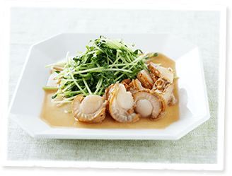 豆苗とベビーホタテのレモンバター炒め