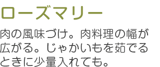 ローズマリー 肉の風味づけ。肉料理の幅が広がる。じゃかいもを茹でるときにも少量入れても。